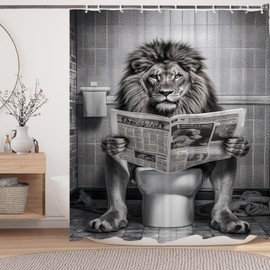 LKFBSC Funny Lion Shower Curtain, Fancy Humor Leo Animal on Toilet Shower Curtains Set, Black and White Funky Shower Curtains, Large Cat Man Grey Bathroom Curtain 72x72 inch