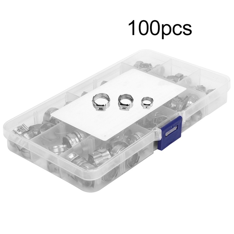 100pcs Stainless Steel Single Ear Hose Clamp Crimp Stepless Assortment