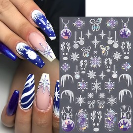 5D Christmas Micro Embossed Snowflake Nail Art Stickers Winter White Blue Snowflake Christmas Tree Nail Decals Xmas Tree Snowball Nail Design Gradient Snowflake Nail Supplies for Women Kids(6Sheets)