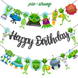 Alien Birthday Party Banners Green Alien Birthday Party Decorations 3Pcs Space UFO Cutout Banners Alien Hanging Decorations for Allergic to Humans Baby Shower Supplies