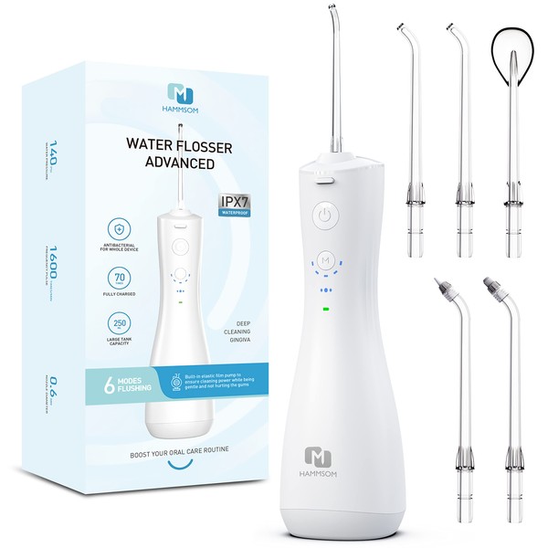 Power Water Flosser for Deeply Teeth Cleaning, Durable Battery 6 Modes & 5 Jet Tips Cordless Dental Oral Irrigator, Electric Rechargeable IPX7 Water Floss Cleaner Pick for Tooth/Gums/Oral/Braces Care