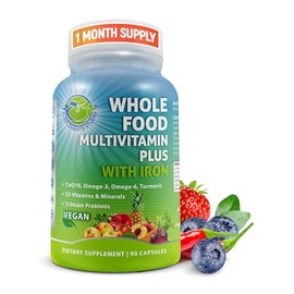 Vegan Whole Food Daily Multivitamin with Iron, Methylated Multivitamin for Women and Men, Made with Fruits & Vegetables, B-Complex, Probiotics, Enzyme