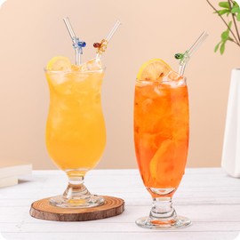 Reusable Shatter-Resistant Glass Straws, 6-Pack 7.6-Inch Bent Drinking Straws with Colorful and Cute Octopus,Designs for Cocktails, Includes Cleaning Brush (Octopus)