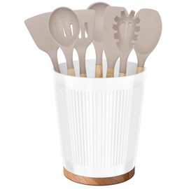 LYNG Utensil Holder For Kitchen Counter, 360° Rotating Melamine Kitchen Utensil Organizer, 7.6″ Large Cooking Utensil Holder With Non-Slip Acacia Wood Bottom, Farmhouse Kitchen Decor White