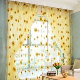 BIGEBO 2PCS Sunflower Curtains Yellow Sheer Window Curtains with 2 Curtain Tiebacks Rope for Bedroom Living Room Kitchen Decor, Rod Pocket Window Treatments W39 x L79
