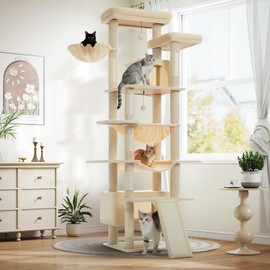 MUTTROS Large Cat Tree for Big Cats & Multi-Cat Homes, 81 Inch Tall Cat Tower with Sturdy Metal Hammock, 6 Sisal Scratching Posts, 2 Cozy Condos, 2 Top Perches - Multi-Level Cat Tower, Beige