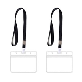 2Pcs Clear Plastic Horizontal Name Tag Badge, Waterproof ID Card Holders with Lanyard