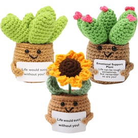 Wezdopu 3PCS Positive Crochet Succulent Handcrafed Emotional Support Poted Plant Creative Knitting Dolls with Positive Affirmation Card Ideal Gifts for Room Decor Car Home Office