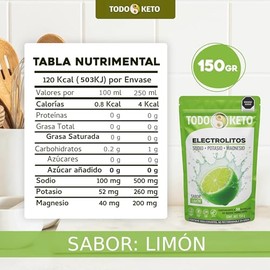 Electrolitos con Stevia 150 g Sodio, Potasio y Magnesio 30 Dosis (Limón)