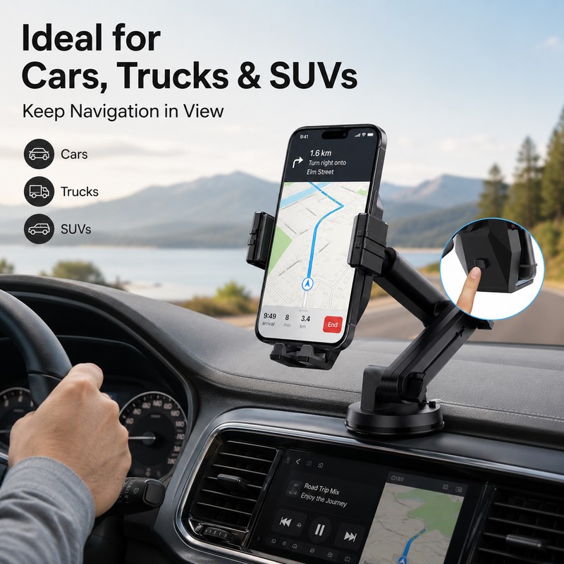 Adjustable Car Phone Mount with Suction Cup – Extendable Dashboard