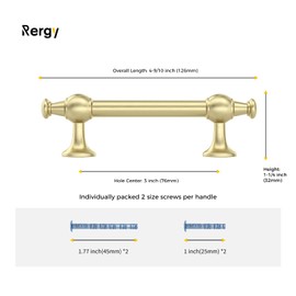 Rergy 10 Pack Gold Cabinet Pulls, 3 Inch Hole Center Brushed Brass Handles, Dresser Drawer Pulls, Delicate Brushed Finish, Zinc Alloy Kitchen Hardware