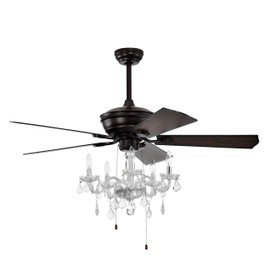 LJLB Elegant 52'' Crystal Shade Ceiling Fan Lamp with Reversible Blades, 3 Speed Settings, and Hand Pull Chain, Matte Black