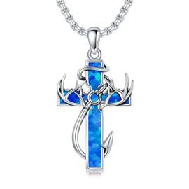 MEIDERBO Cross Necklace for Men Cross Deer Antler Fish Hook Necklace 925 Sterling Silver Hunting Fishing Pendant Blue Opal Cross Jewelry Gifts for Men Husband Brother