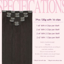 PINKPEARL Human Hair Extensions Clip ins 16inch Clip in Hair Extensions #2 Dark Brown Real Human Hair Clip on 120g 7pcs Remy Hair Clip ins for Women(#2-16)
