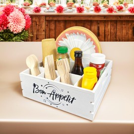 Wood Utensil Holder for Party 4 in1 - White Paper Plate Dispenser for Countertop 10 Inch- Silverware Caddy for Plate, Cup, Fork, Spoon, Napkins - Cutlery Flatware Organizer for Party Camping Picnic