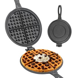 Cast Iron Waffle Maker for Stovetop or Camping Grill Two Piece Hinged Non Electric Waffle Iron Makes 8" Round Waffles