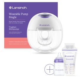 Lansinoh Wearable Electric Breast Pump & Accessories - 4 Modes, 9 Suction Levels - Hands Free Portable & Quiet Pumping - LED Display - Includes: 25 Breast Milk Storage Bags + Feeding Bottle (1)