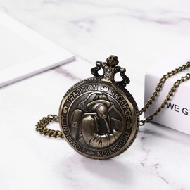 JewelryWe Father's Day Gift Pocket Watch Men's Retro Royal Flush / Compass / Flowers / Bell / Motorcycle Chain Watch Analogue Quartz Watch Pendant with Necklace Chain Bronze Gift for Men, 12-fireman,