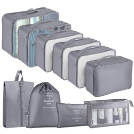 Suitcase Organiser Set, 10 Pieces Packing Cubes for Suitcase Travel Accessories Suitcase Organiser Set Clothes Bags Packing Cubes Cosmetic Travel Organiser Packing Bags for Suitcases (Grey)