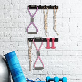 MyGift Wall Mounted Black Metal Gym Equipment Rack, Home Gym Organizer for Resistance Bands, Jump Ropes, and Weight Belts with 6 Hooks, Set of 2