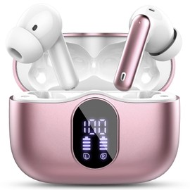 Wireless Earbuds, Bluetooth 5.4 Headphones Bass Stereo, Ear Buds with Noise Cancelling Mic, LED Display in Ear Earphones Clear Calls, IP7 Waterproof Bluetooth Earbuds for Laptop/Phones, Rose Gold