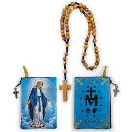 Rosary Pouch with Olive Wood Catholic Rope Rosary from Israel, Our Lady of Grace & Miraculous Medal Symbol Woven Fabric Tapestry Style Icon Travel Bag, Religious Catholic Gift Set