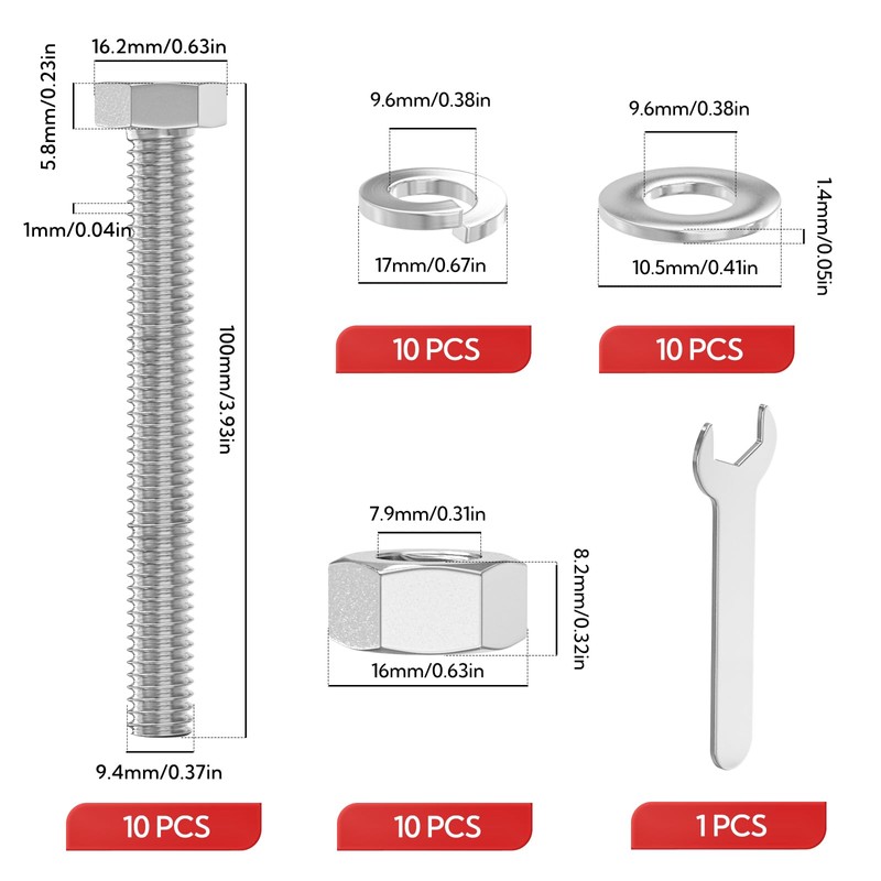 GAGIRA 10PCS 3/8-16" x 4" 304 Stainless Steel Fully Threads