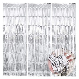 KIRIKOU 3 Pieces Foil Fringe Curtains Backdrop Party Decoration,Metallic Tinsel Curtain Photo Background for Birthday Hen Night Bridal Shower Baby Shower Decorations(Silver, 1m x 2m)