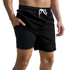 Srnede Mens Swim Trunks Swim Shorts Board Shorts Quick Dry Beach Shorts Swimwear Bathing Suits with Compression Line Black