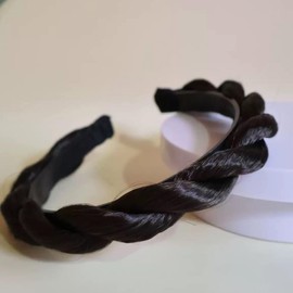 Denlydom Braided Headband Synthetic Hair Plaited Headband With Teeth Braid Messy Hair Hoop Wig Hairband Beauty accessory Stretch Braid Headbands Hairpiece for Women (Black Brown, 2 Strands)