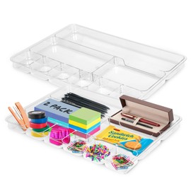 Manaloom Desk Drawer Organizer Tray with 9 Storage Compartments - For Home and Office - Drawer Organizers Office, Perfect Organizing Pens, Pencils, Paper Clips, Sticky Notes - Clear - 2 Pack