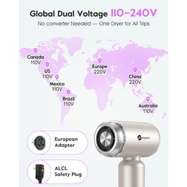 slopehill Dual Voltage Travel Mini Hair Dryer, Lightweight Ionic Blow Dryer, Professional Fast Drying, Compact Portabe Quiet Hairdryer with Magnetic Diffuser for Women, International European 100-240V