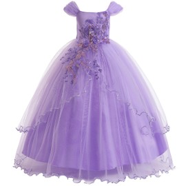 Weileenice Light Purple Girls Lace Dresses 9 10 Off Shoulder Embroidery Sequin Young Girl Wedding Pageant Bridesmaid Birthday Tulle Dress Beads Vintage Kids Daddy Daughter Dance Formal Prom Ball Gown