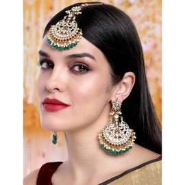 Aheli Indian Wedding Kundan Pearl Maang Tikka con pendiente Set Bollywood Party Traditional Jewelry for Women Girls (verde)