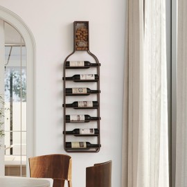 Vintiquewise Decorative Wall-Mounted 7-Bottle Metal Wine Rack with Mesh Cork Catcher, Stylish Champagne, White, and Red Wine Storage for Living Room, Kitchen, Dining Room, and Bar Décor, Brown