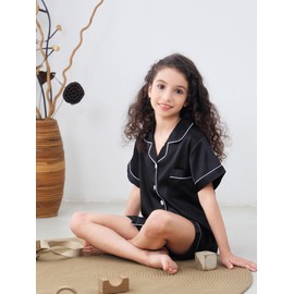 DIPUG Girls Pajamas Satin Pajama Set Silk Pjs Short Sleeve Sleepwear（Black）
