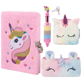 Wisplye Plush Unicorn Notebook Set for Children, A5 Notepads for Girls, Private Diaries with Lock and Keys, School Travel Notepad with Multicoloured Pen, Pencil Case Purse