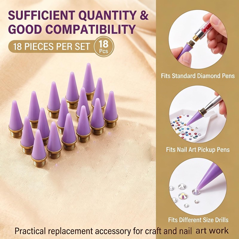18 Pcs Wax Replacement Head Tips,Nail Rhinestone Picker (Purple)