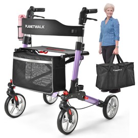 PLANET WALK Double Folding Rollator Walker for Seniors - Lightweight Aluminum Frame with 300 lb Capacity, 8" All-Terrain Wheels, 6-Level Adjustable Height Rolling Walker with Travel Bag - Purple