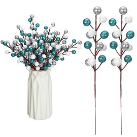 zsccxq 24 Pcs Glitter Berry Stems Christmas Tree Picks Decoration Christmas Faux Holly Colorful Berries Branches Ornaments for Christmas Tree Wreath DIY Craft Decorations (White Silver Lake Blue)
