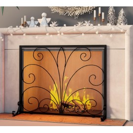 Fire Beauty Fireplace Screen,Handcrafted Wrought Iron,Flat Guard Metal Furnace Fireguards Mesh,Safe Spark Protector,Wood Burning Stove Accessories(35" L x 28" H)