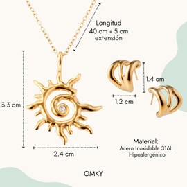 Omky Set de Joyería para Mujer – Collar Sol en Espiral con Zirconia y Aretes – Acero Inoxidable 316L con Chapa de Oro 18k – Regalo para Mujer