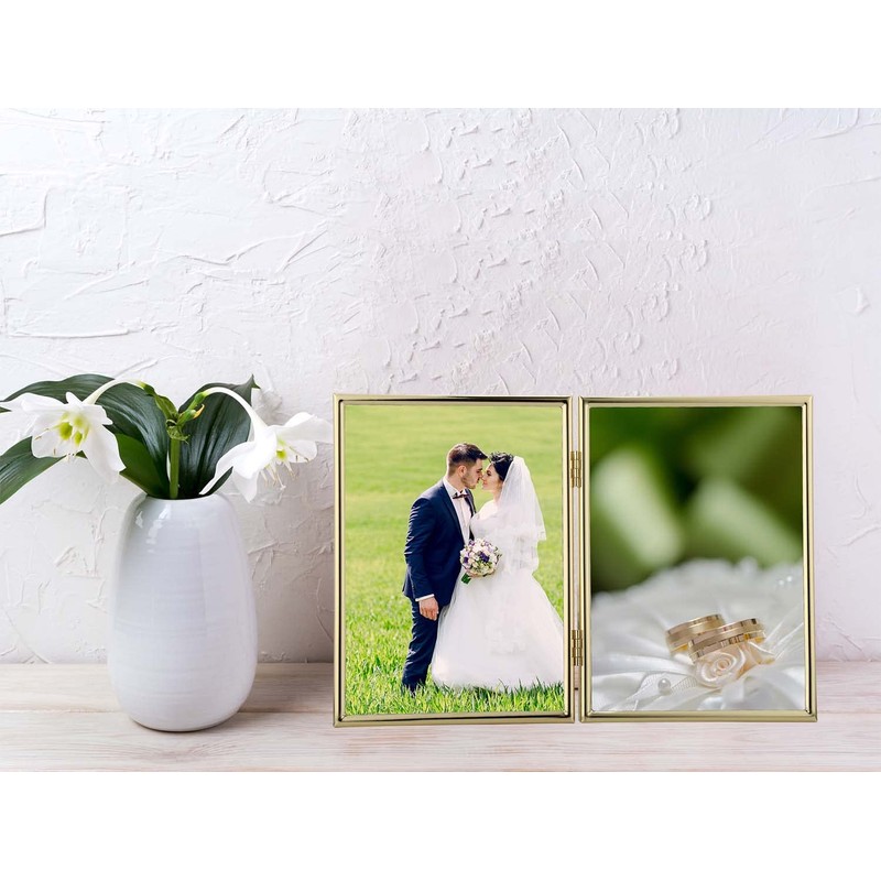 YiPinYin 5x7'' Hinged Double Simply Gold Metal Picture Frames, Elegant