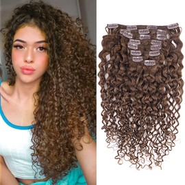 Fulang Hair Kinky Curly Clip-In Hair Extensions Real Hair 50 cm 8 Pieces 120 g Dark Brown Hair Pieces Real Hair Extensions Clip in Hair Extensions for Women