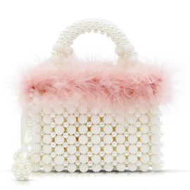 QTKJ Women Pearl Purse,Evening Bags, Artificial Pearl Clutch, Square Pink Feather Handbags, White Purse for Party Wedding Travel