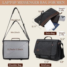 17.3 Inch Messenger Bag for Men: 2PCS Laptop Work PU Leather Canvas Briefcase Carry On Large Computer for Office College Travel (Black)