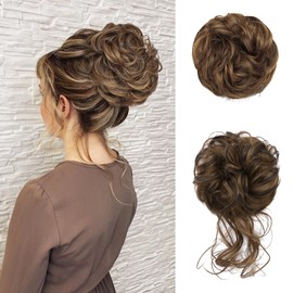 MSCHARM 2PCS Messy Bun Hair Pieces Wavy Curly Bun Hair Pieces for Women Synthetic Updo Chignon Fake Bun Scrunchies Ponytail Extension for Women #6BH27 Dark Brown Mix Golden Brown