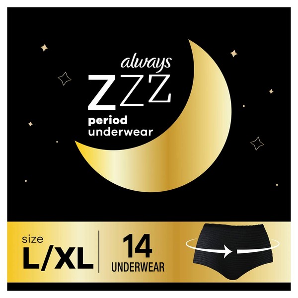 Always Zzzs Overnight Disposable Period Underwear for Women, Size Large, Black Period Panties, Leakproof, Large, 14 Count