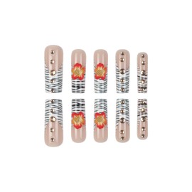 RUOKEXIN Long Press on Nails French Tip Fake Nails Fall False Nails with 3D Flower Rhinestones Designs Square Nail Press ons Sparkly Acrylic Artificial Nails for Women 24Pcs