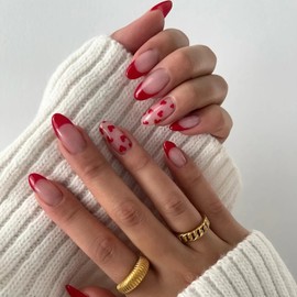 Valentines Press on Nails Short Almond MABKJLF Red French Tip Fake Nails False Nails with Cute Heart Designs Full Cover Glossy Glue on Nails Acrylic Nails for Women Girls 24 Pcs